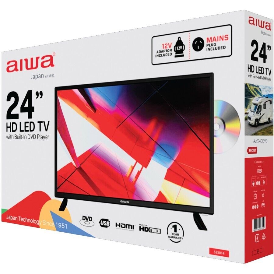 Aiwa 24" 12v In Car or 240V Home Digital HD TV LED LCD With Built In DVD Player
