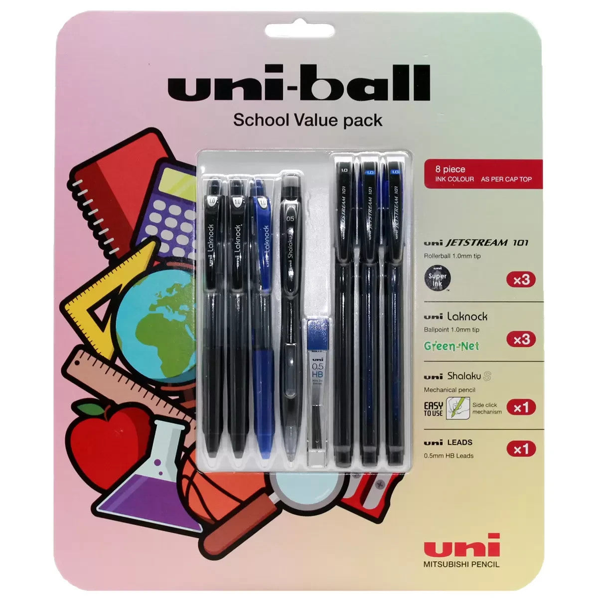 Uni-ball 8 Piece School Value Pack Pen Pencil Jetstream Shalaku S Laknock Leads