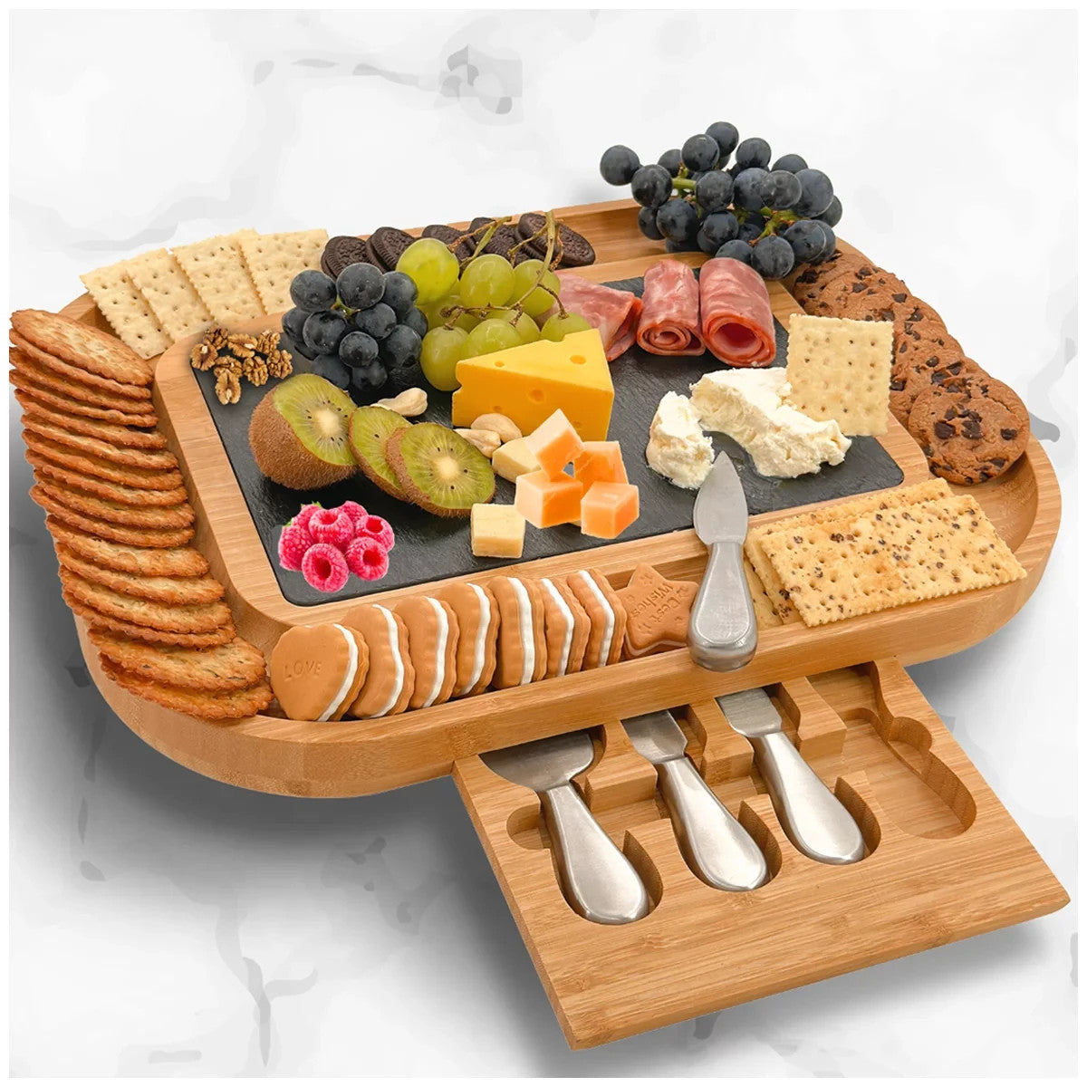 Carrara Bamboo Cheese Board 43 x 33 cm w/ 4 Stainless Steel Knife Serving Tools
