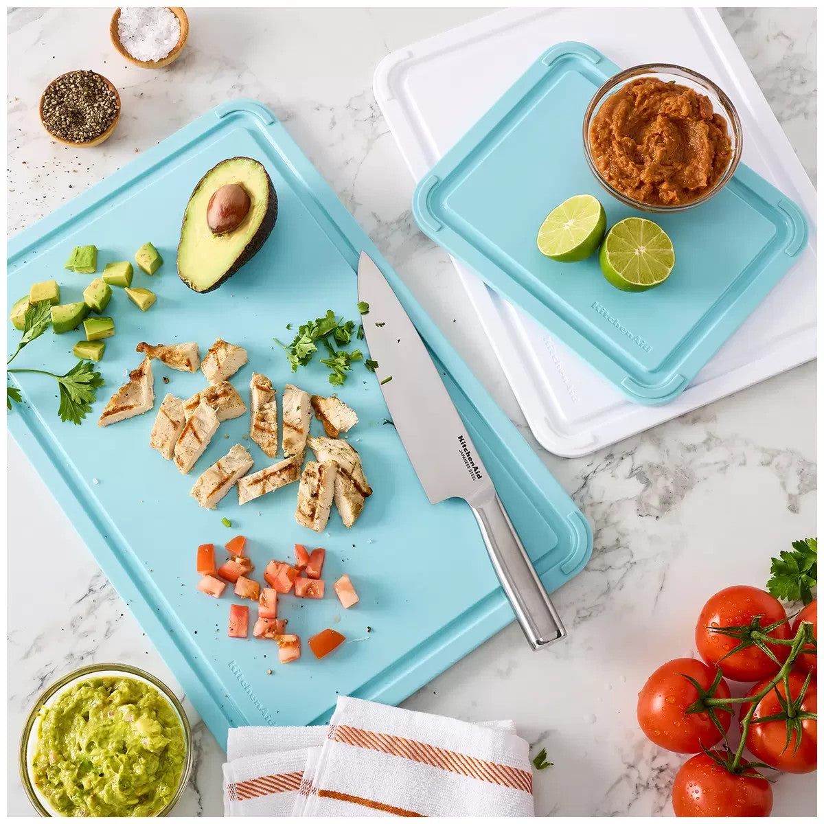 KitchenAid Non-Slip Cutting Chopping Boards 3 Piece Set Aqua Blue White