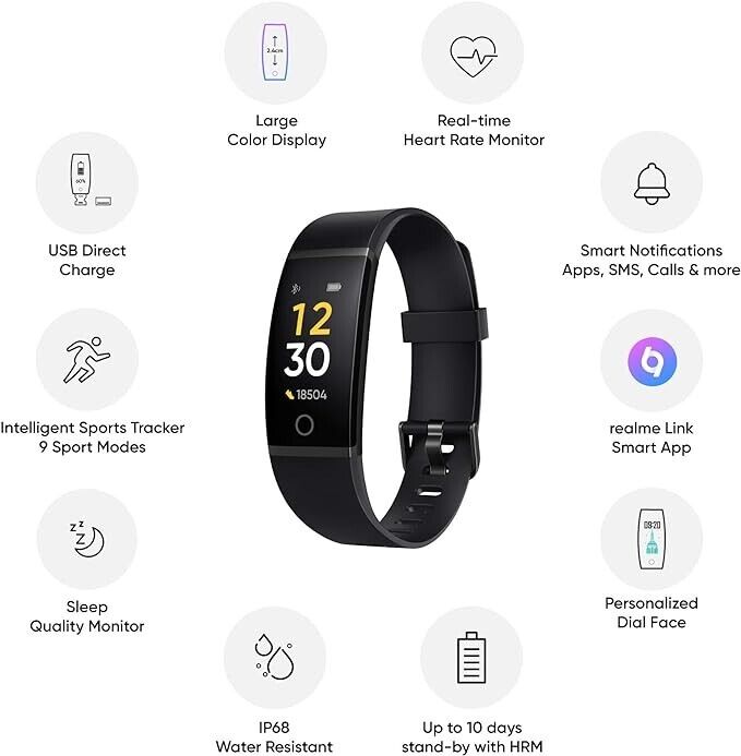 Realme Band Activity Tracker Heart Rate Monitor ‎0.96" TFT Display Unisex Black