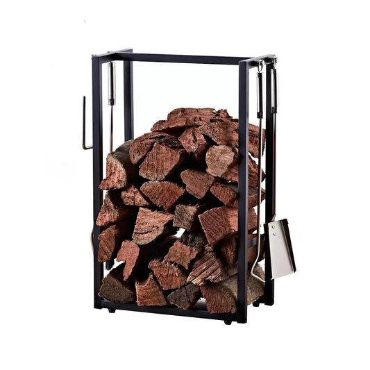 Scandia Fireplace Firewood Log Holder Steel Wood Storage & 4 Piece Fire Tool Set