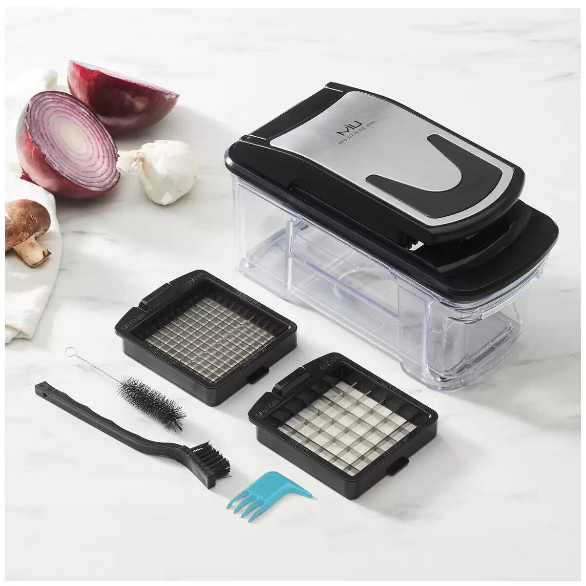 Miu Pro Vegetable Chopper Container with 2 Interchangeable Dicer Blades & Pusher