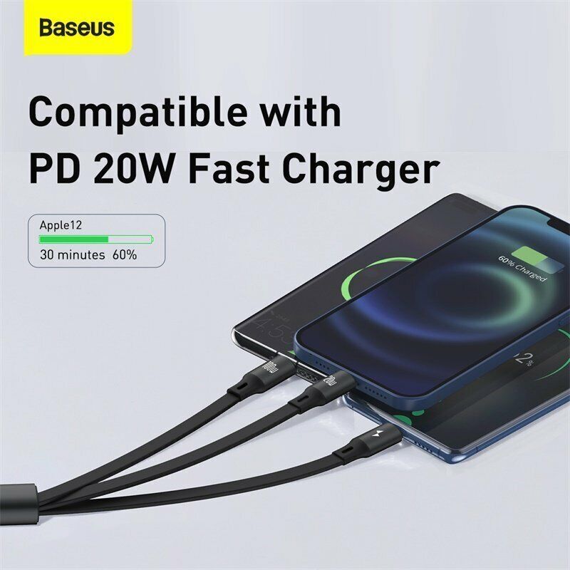 Baseus 3 in 1 100W Type C/20W USB A Cable Retractable Fast Charger for iPhone