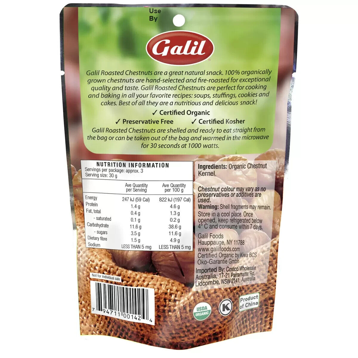 10 x Galil Organic Roasted Chestnuts 100g