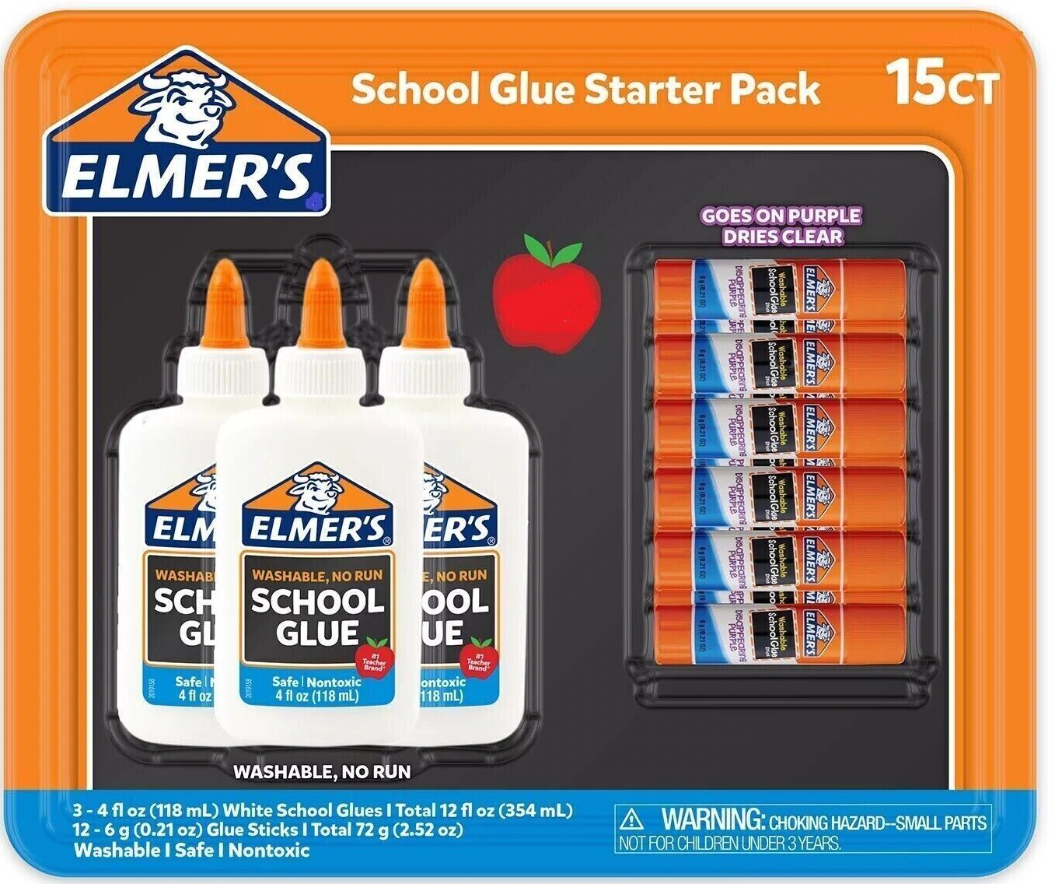 Elmer’s School Glue Starter Pack, 15 Count 3 School Glue & 12 Glue Sticks