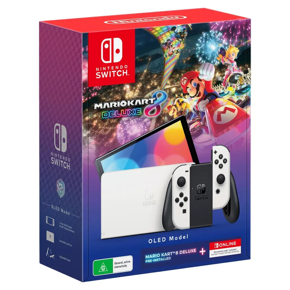 Nintendo Switch OLED Model White Console with Mario Kart 8 Deluxe and 12 Months 