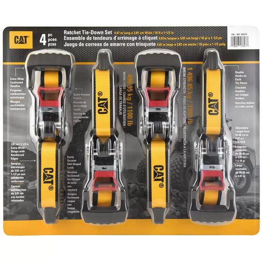 CAT Heavy Duty 4 PC Ratchet Tie Down Set 4.87m Long x3.8cm Wide Adjustable Strap