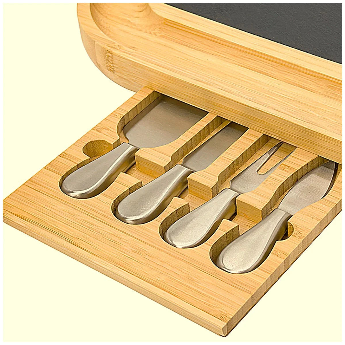 Carrara Bamboo Cheese Board 43 x 33 cm w/ 4 Stainless Steel Knife Serving Tools