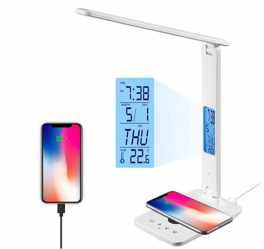 LED Desk Lamp with Wireless Charger, Table Lamp Clock, Alarm, Date, Temperature