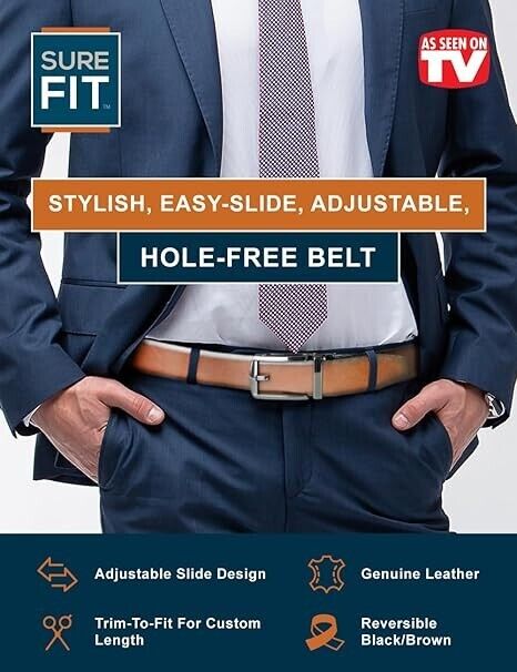 SURE FIT Mens Genuine Leather Belt AS SEEN ON TV REVERSIBLE Black Brown 28-46