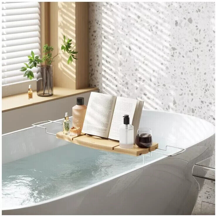 Umbra Aquala Bamboo Extendable Bath Tub Caddy Wine Glass Ipad Book Holder