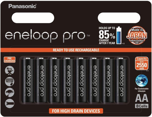 Panasonic Eneloop Pro AA Rechargeable NiMH Batteries x 8 - Made in Japan