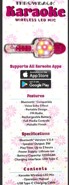 Throwback Karaoke Wireless LED Mic Bluetooth LED Lights  Built in Speaker