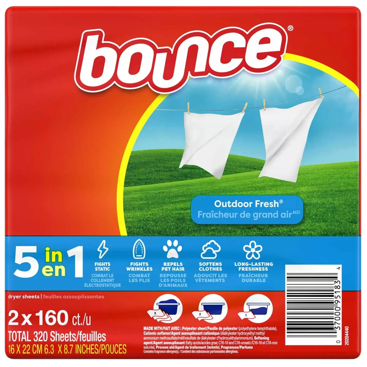 Bounce Fabric Softener Dryer Sheets Outdoor Fresh 2 x160 Sheets '320 SHEETS'