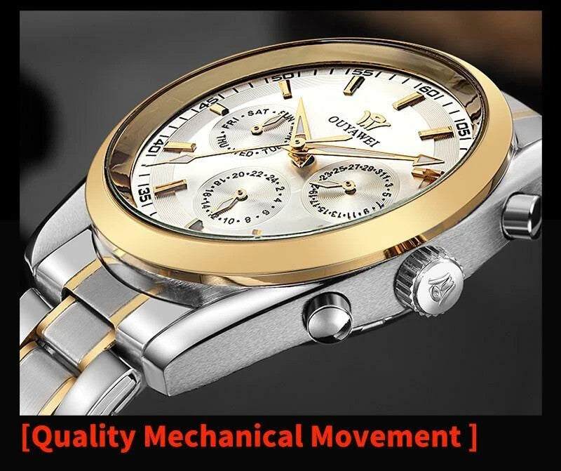 OUYAWEI Men mechanical watch Top Brand Luxury army gold colour stainless steel