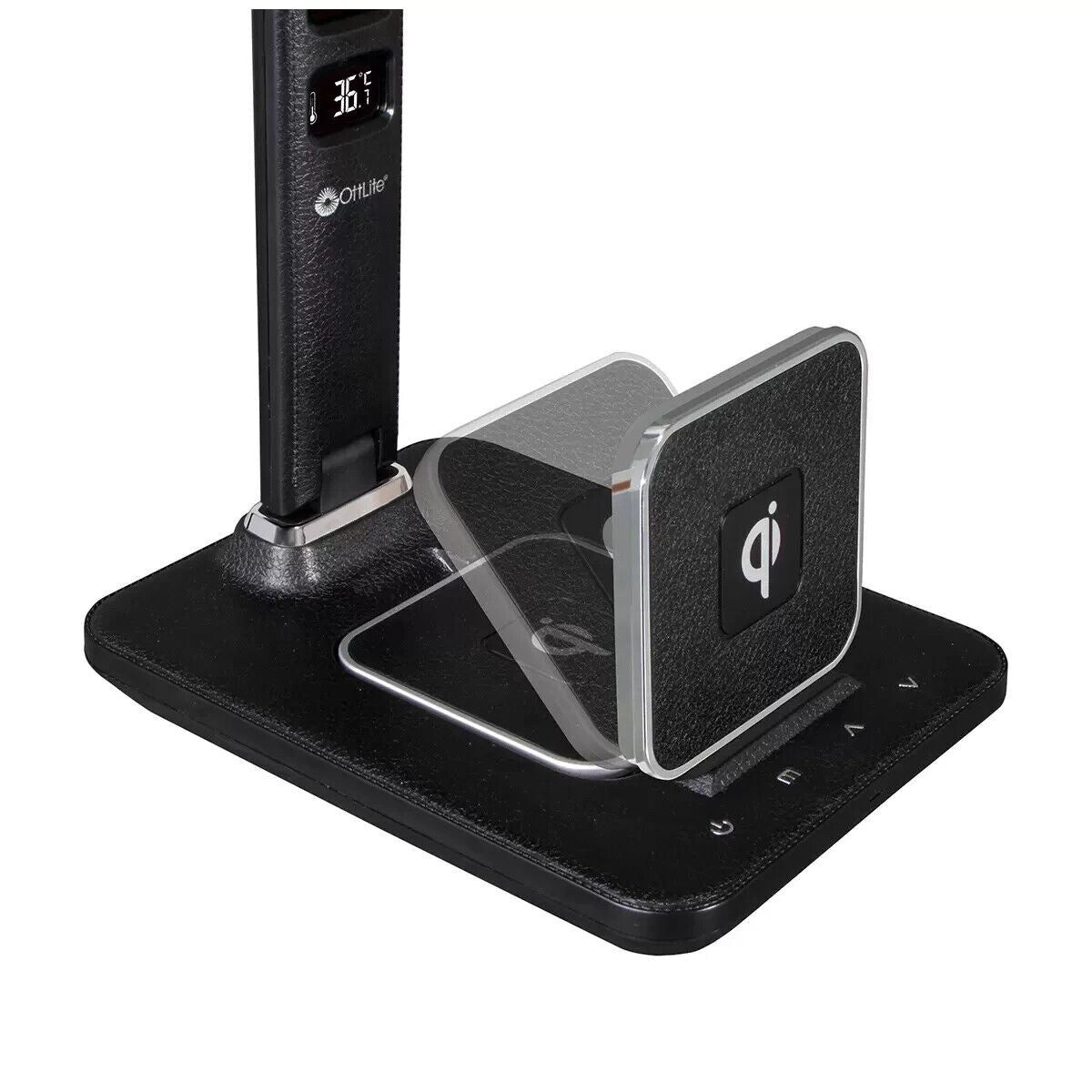 NEW Black Executive LED Desk Lamp Time Date Wireless Qi USB Charging Temperature