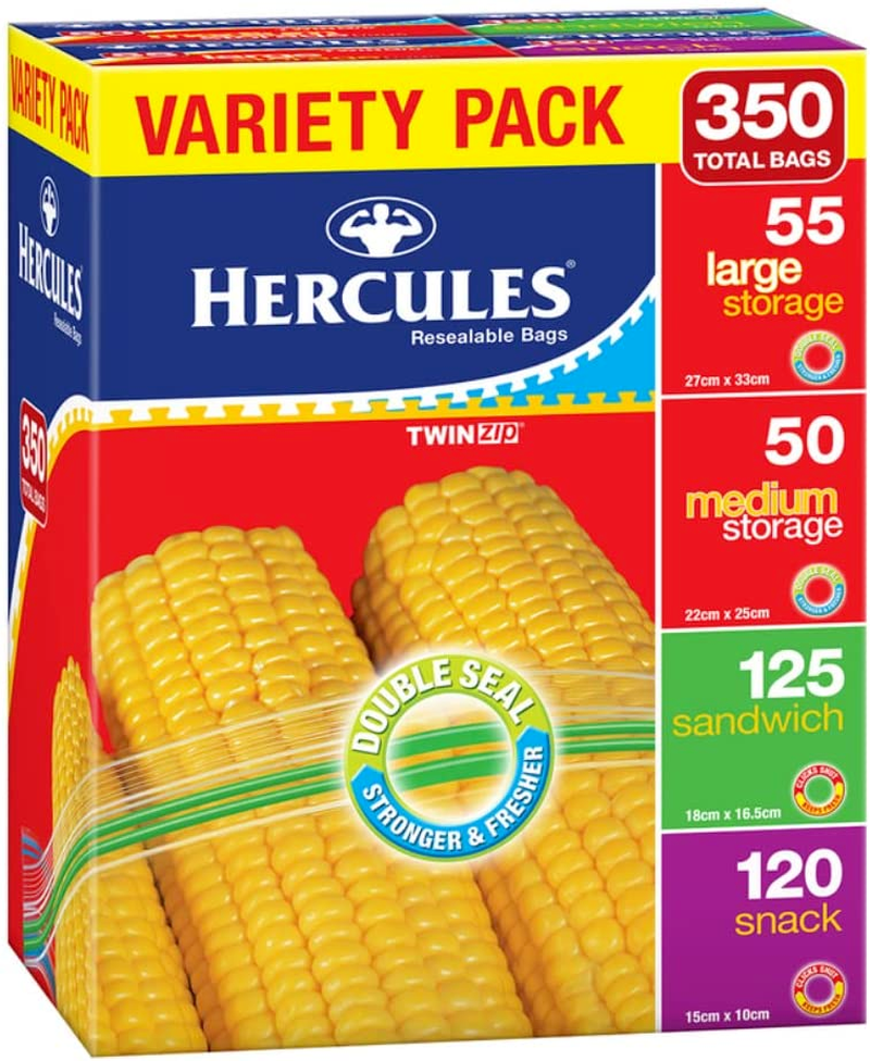 Hercules Variety Pack Resealable Storage TWIN Zip Bags 350pk Large Medium Small