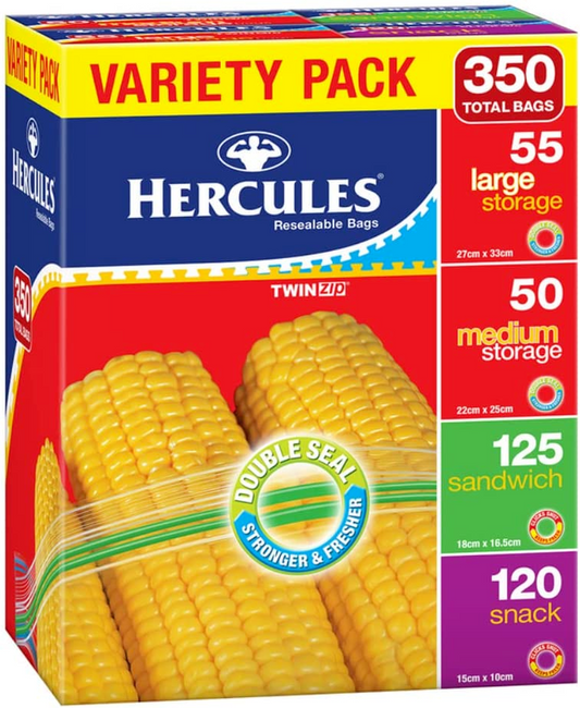 Hercules Variety Pack Resealable Storage TWIN Zip Bags 350pk Large Medium Small