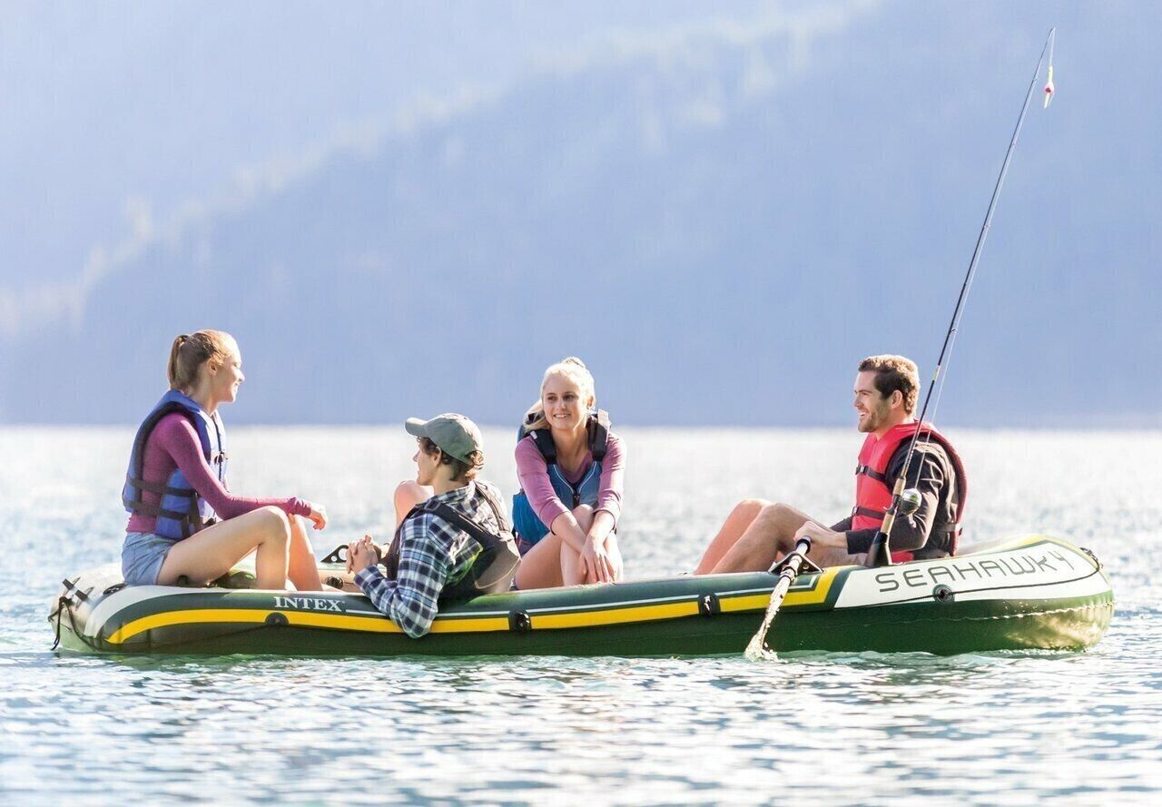 Intex Seahawk Inflatable 4 Person Boat Set Fishing Water Boating Pump Paddle Oar