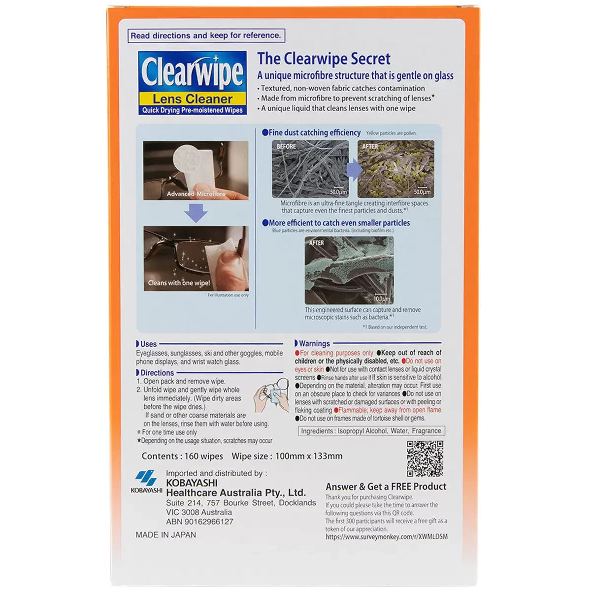 Clearwipe Lens Cleaner 160 Pack Quick Drying And Streaking Fee No Scratching