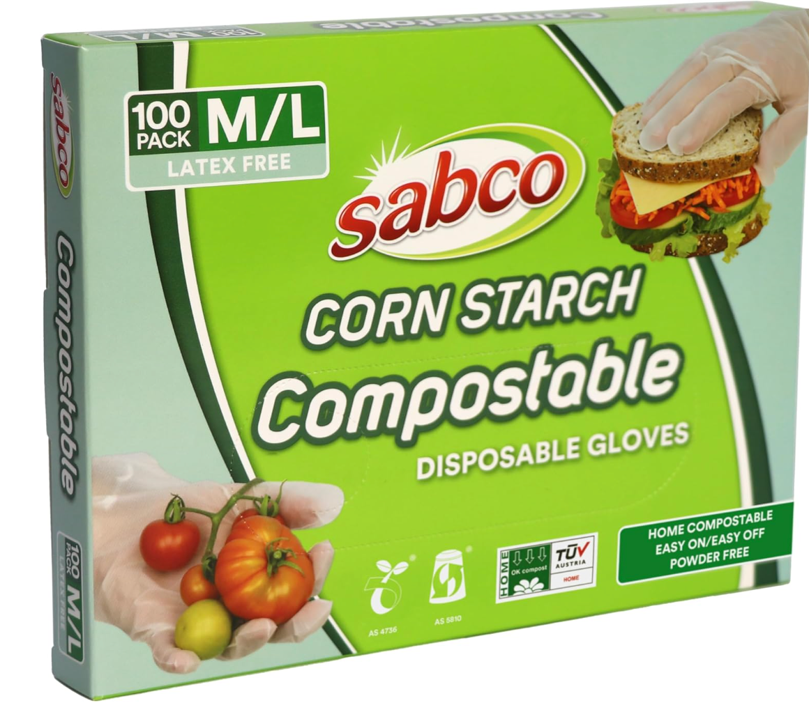 Sabco CornStarch Compostable Latex Free Disposable Gloves, Medium/Large 100pk