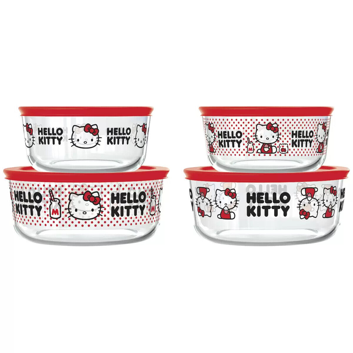 Disney 100 Mickey Mouse Sanrio Hello Kitty Pyrex 4 Glass Storage Set + 4 Lids