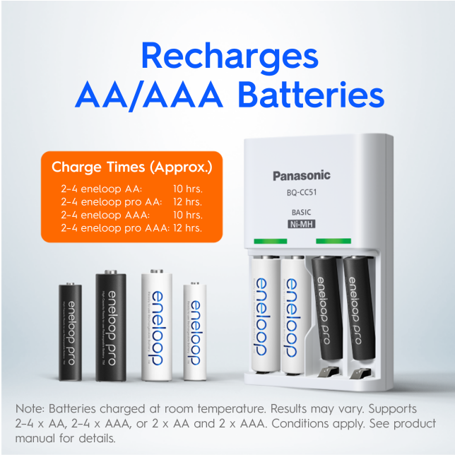 Panasonic Official Charger with 4x AA / AAA Eneloop or Pro NiMH Batteries