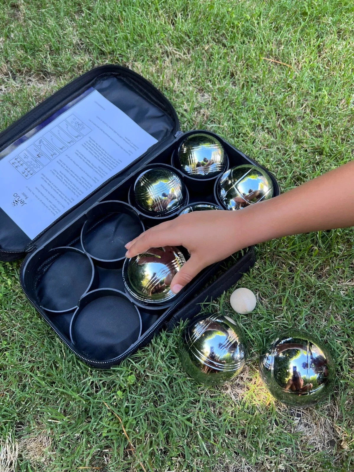 Silver metal Pétanque bocce balls set with a set of rules (Jenjo Games)