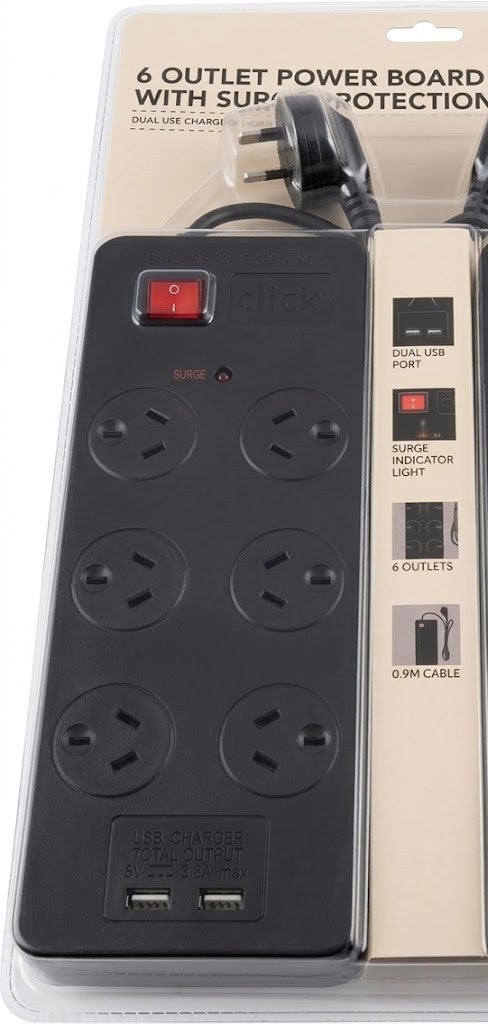 6 AC Outlet Power Board With Power Surge Protection Dual USB Charging Charger