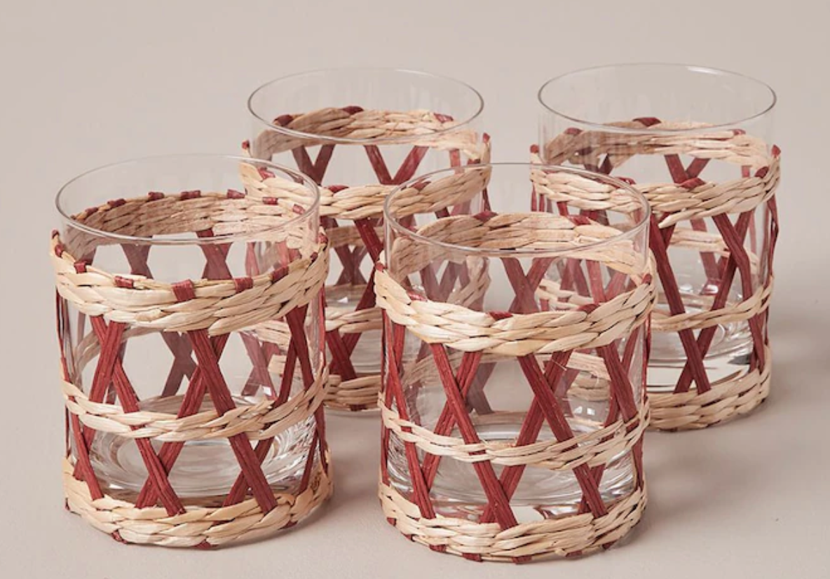 4 Pack Rattan Glass Tumblers Water Cup Drink Cups Drinking Tumbler Glasses Party