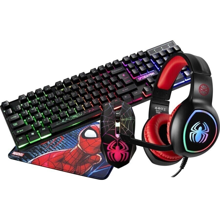 Marvel Spider-Man 4-In-1 Computer Gaming Mouse Keyboard Mat Headset Spiderman