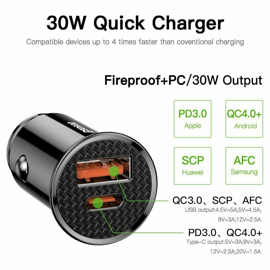 Baseus 5A 100W/30W Quick Charge QC 4.0 QC3.0 Dual USB, USB A Type C Car Charger