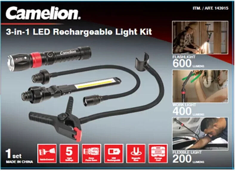 Camelion 3 in 1 LED Flashlight Kit Rechargeable Work Light Flexible Torch