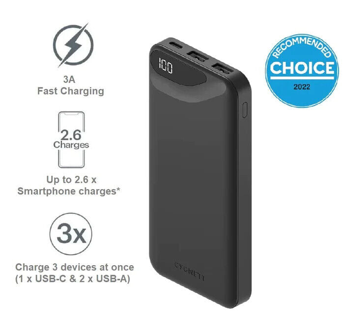 Cygnett ChargeUp Juice 10000mAh Power Bank Pocket Battery Pack USB A + USB C