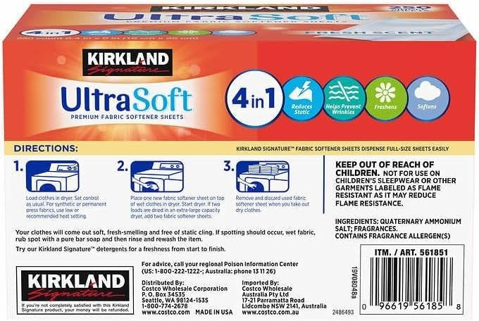 Kirkland Signature Fabric Softener Sheets 2 x 250CT (Total 500 Single Sheets)