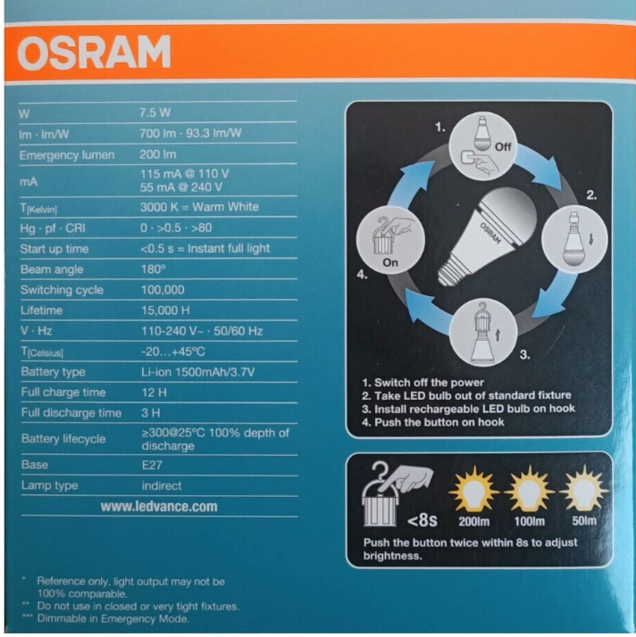 Osram 7.5W E27 Rechargeable Globe 700 lumens Warm White Home Camping - 2 Pack