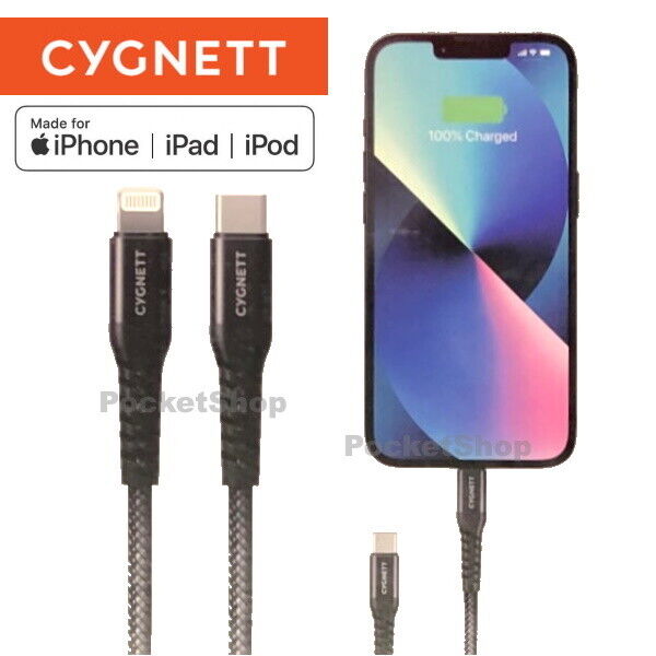Cygnett MFi-Certified Lightning to USB-C Braided Cable PD Fast Charge Connector