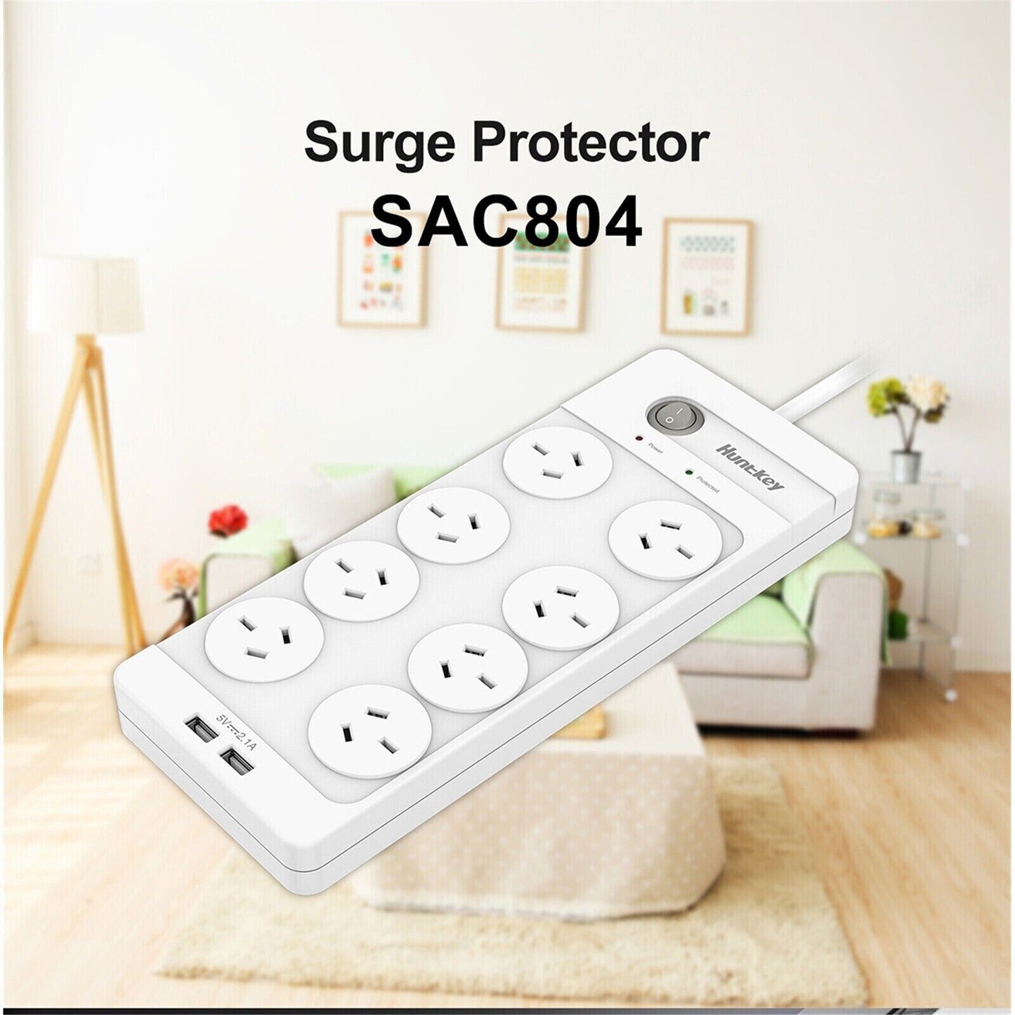 Huntkey SAC804 8-Outlet Surge Protected Powerboard with Dual 5V 2.1A USB