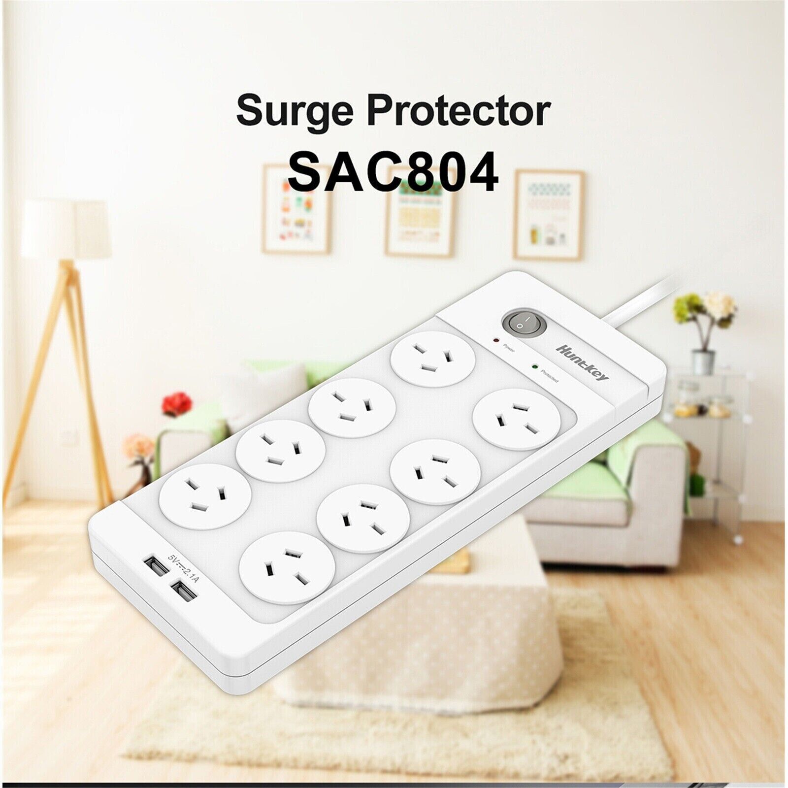 Huntkey SAC804 8-Outlet Surge Protected Powerboard with Dual 5V 2.1A USB