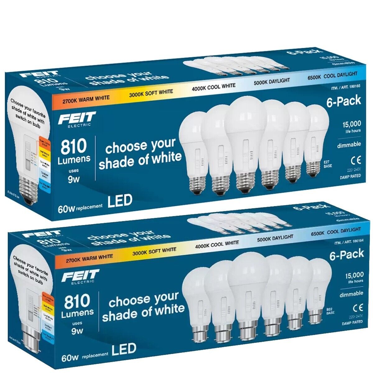 6 Pack Feit 9W 810 Lumens Warm Cool 5-Colour Dimmable LED Light Bulbs E27 B22