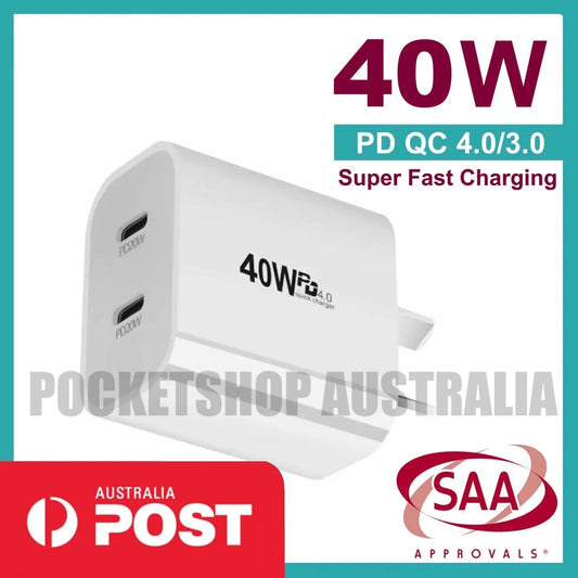 40W Fast Charger Dual USB-C AC Wall Power Adapter Apple iPhone iPad Samsung