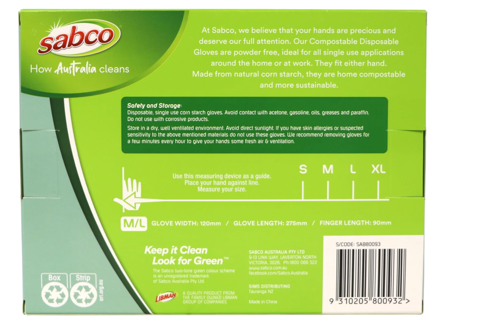 Sabco CornStarch Compostable Latex Free Disposable Gloves, Medium/Large 100pk