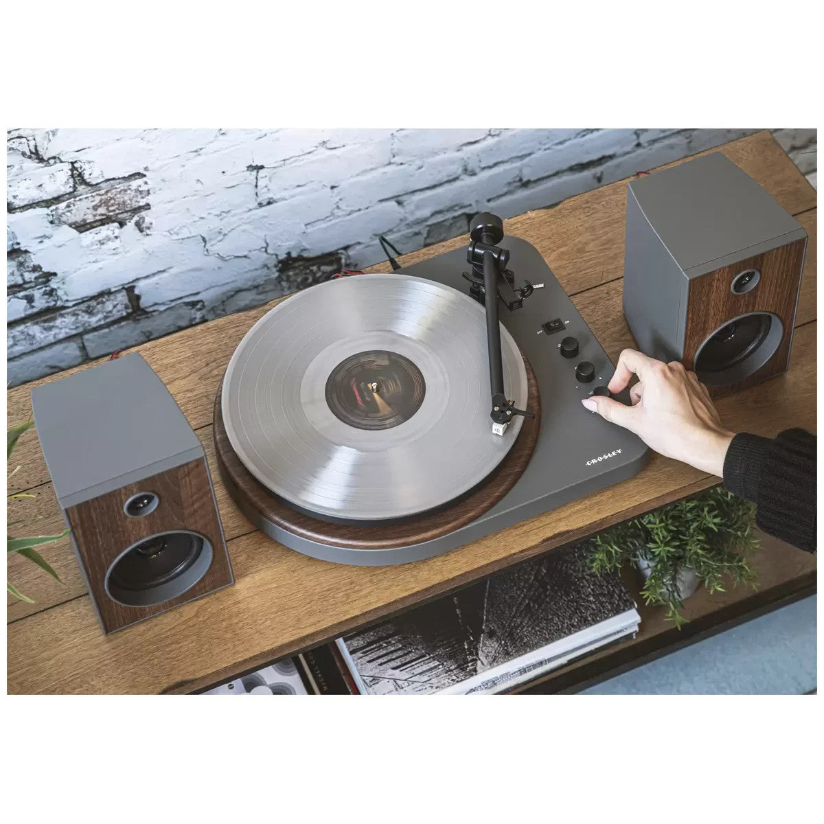 Crosley T160 Turntable Shelf System Record Player With Stereo Speakers Grey
