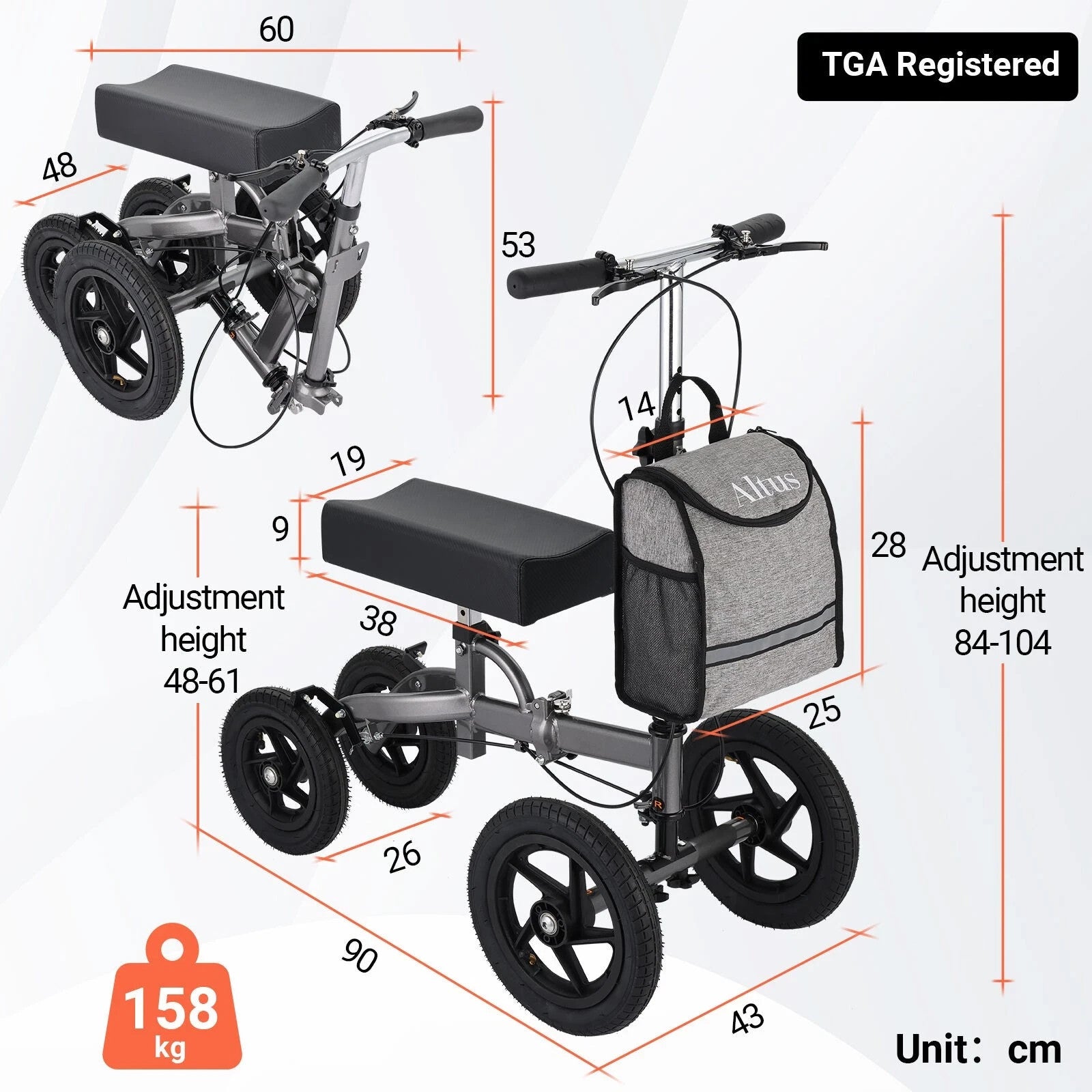 Altus Bariatric Knee Scooter Walker Foldable All-terrain 12 Inch Pneumatic Tires