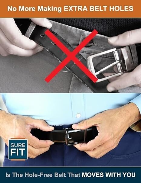 SURE FIT Mens Genuine Leather Belt AS SEEN ON TV REVERSIBLE Black Brown 28-46