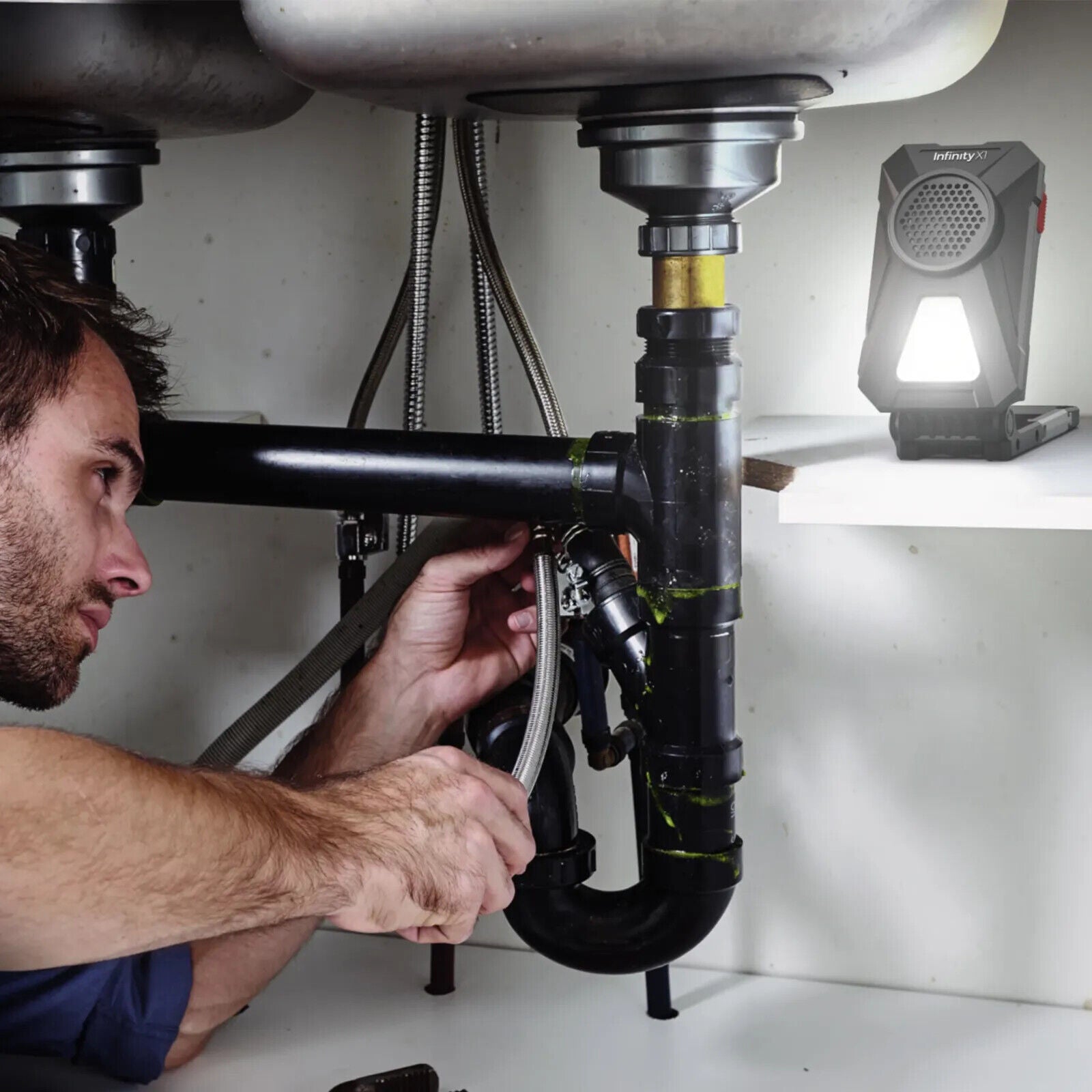 Infinity X1 700Lumen Rechargeable Work Lights with Bluetooth Stereo Speakers 2pc