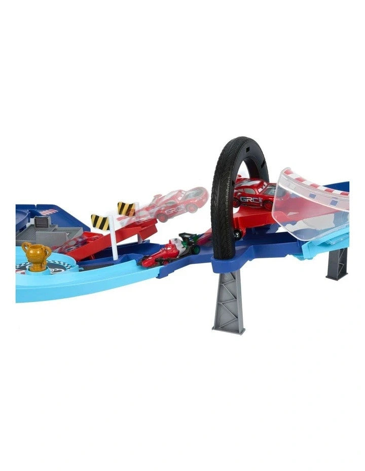 Pixar Cars GRC Jumping Raceway Track Set Lightning McQueen Francesco Stunt Plays