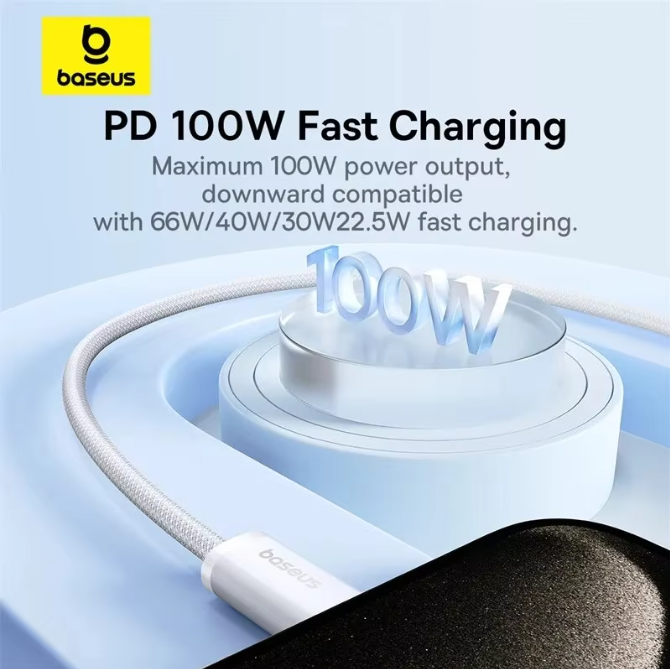 Baseus 100W  5A QC 4.0 Fast Charging Data Cable E-Marker Chips USB C White 1M