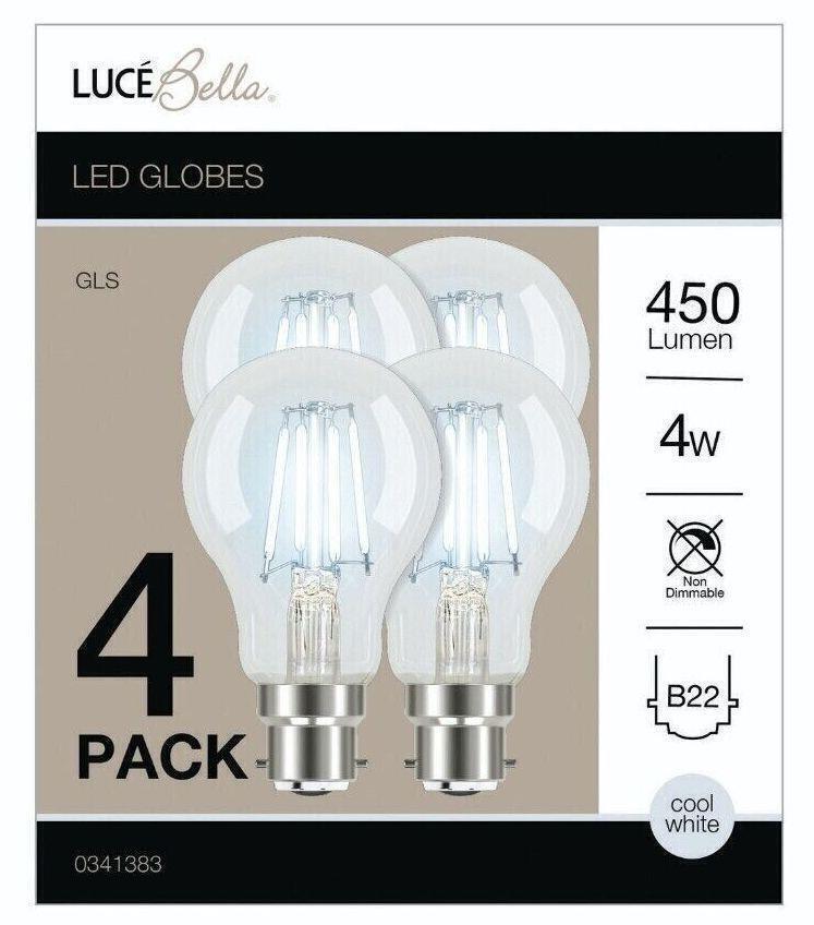 4x Luce Bella 4W LED Light Globes Glass Bulbs Clear Cool White 4000K BC B22 E27